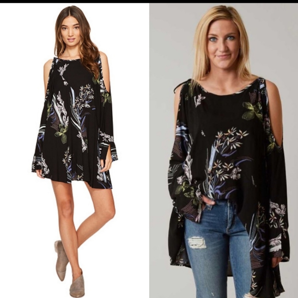 Free People Black Floral Cold-Shoulder Long Sleeve Dress